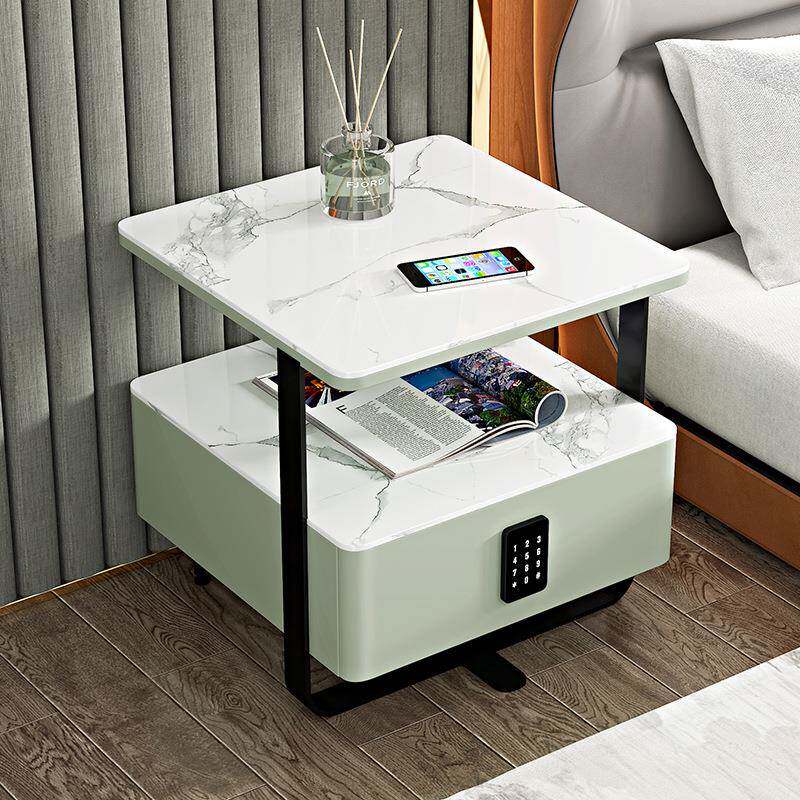 全实木智AD能床柜卧无室简约现代岩头板线充电小密码型锁轻奢床边