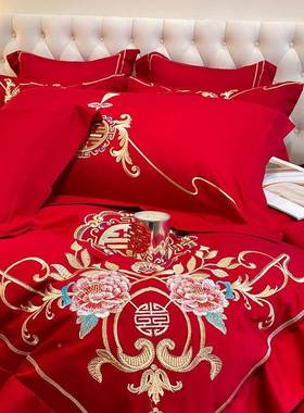 中式Ctz16913婚四庆件套红色重工刺绣喜庆床用上品婚房绣花喜被结