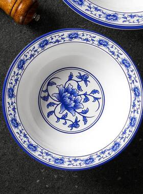 密胺大碗商用瓷复古怀仿旧汤菜碗餐厅店HUM青花瓷酸菜鱼凉饭高脚