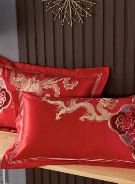 一对装纯棉全枕头套4棉8x7庆4绣花刺绣婚大红色JVF婚庆喜结单人枕