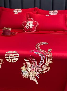 大红色婚庆单单F9975T56件结床婚用喜庆龙刺凤枕套三件套喜字绣店