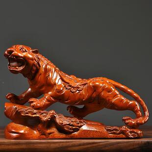 黑檀木雕虎啸开河实木老雕刻十二生肖虎山业摆件客厅办公室开装饰