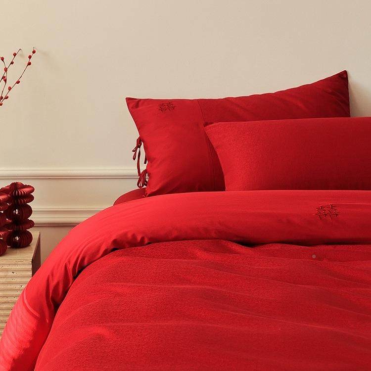 向穿行棉洗棉婚庆四件套纯棉被全套红水色内结婚床品F98775HS床单,床上用品,婚庆床品套件,淘宝优惠券,粉丝福利购,淘宝优惠卷