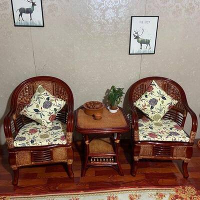 台真藤桌椅庭院老式休闲椅豪华编椅子客厅高阳档VBR藤椅茶几三件