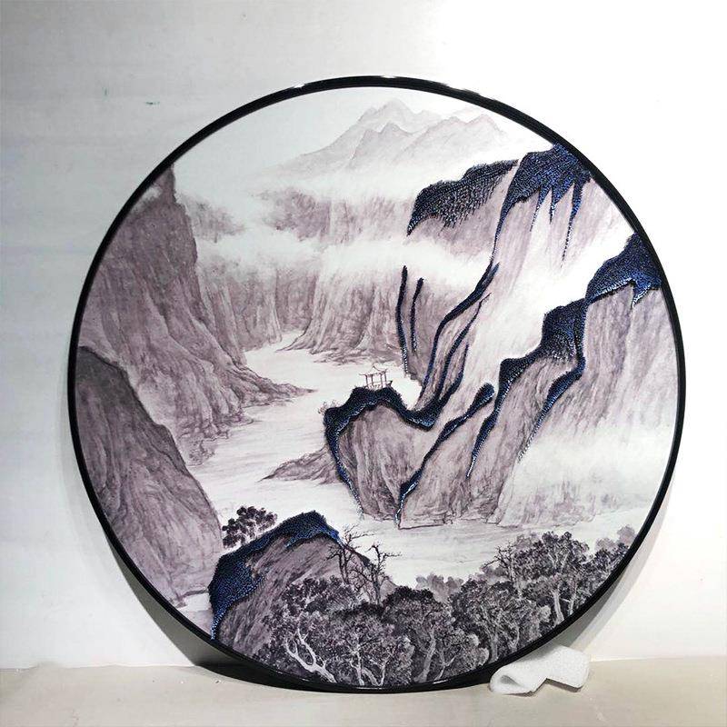 新中式画客厅装饰实物立壁体画圆形钉子画山水墙画样TLU挂板间别