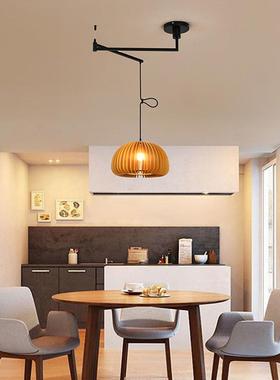 复古餐厅可位移摇桃臂吊灯台全光实木谱灯日式胡木色南瓜餐QOF桌