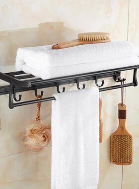 免打孔太空铝浴置物架挂钩UHS纳挂衣巾服收室架加厚壁挂黑色折叠