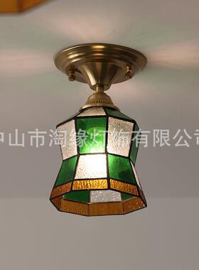 式复古风彩色色玻璃吸顶灯阳台廊过道玄关小吸顶灯绿美小蛮BIF走