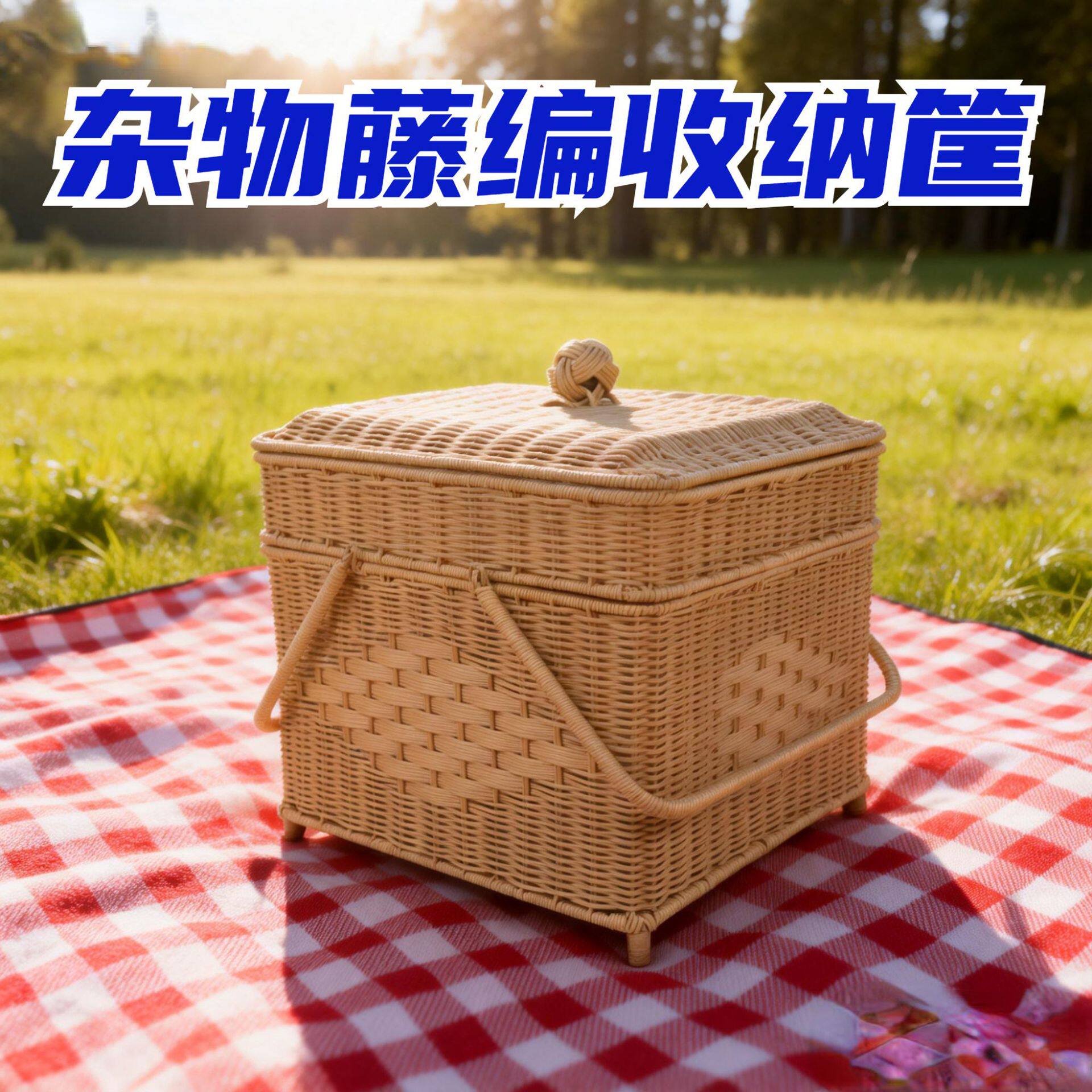 拜拜篮户外露营仿藤编菜篮子手提篮 双层编织格子带盖藤编收纳筐