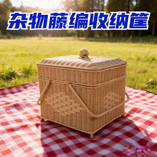拜拜篮户外露营仿藤编菜篮子手提篮 双层编织格子带盖藤编收纳筐