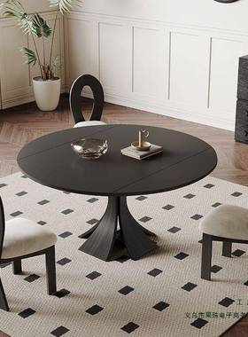 桌黑色岩窕板可YOF伸缩餐复古风方圆两用桌圆意式极简窈实木餐厅