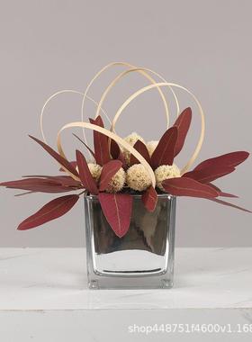 现代房简约轻奢家红色枫居叶花艺软装酒店洽谈桌仿真82837件样板花摆艺
