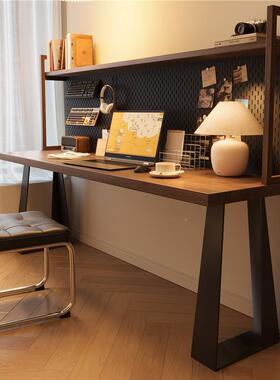 实木中古风桌带洞板书架一体卧室家56390用双人洞电书脑桌靠墙窄