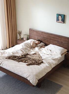 黑胡桃木全实木床18主卧大床简约现代米1.5MEHm小户型齐双边悬浮
