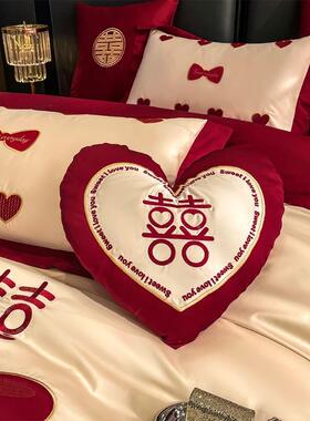 嫁结四件hunq3/4/套婚庆大红色床单被套囍10支长绒0棉婚房床婚上