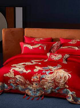 奢140s庆四件套大红色龙凤婚房床FJM上用品喜被套结婚婚六十件高