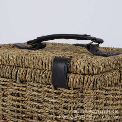 新款编织手提塑藤篮子 小巧正方形水草编织筐 植物编织篮带盖防尘