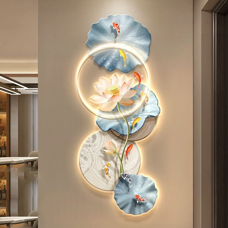 九鱼图入户玄关装饰画现代轻奢走廊过道挂画荷花叶led壁画灯楼梯