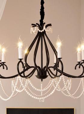 法式复古珍珠水晶灯具客厅吊灯美式简约黑色卧室餐厅房间蜡烛吊灯