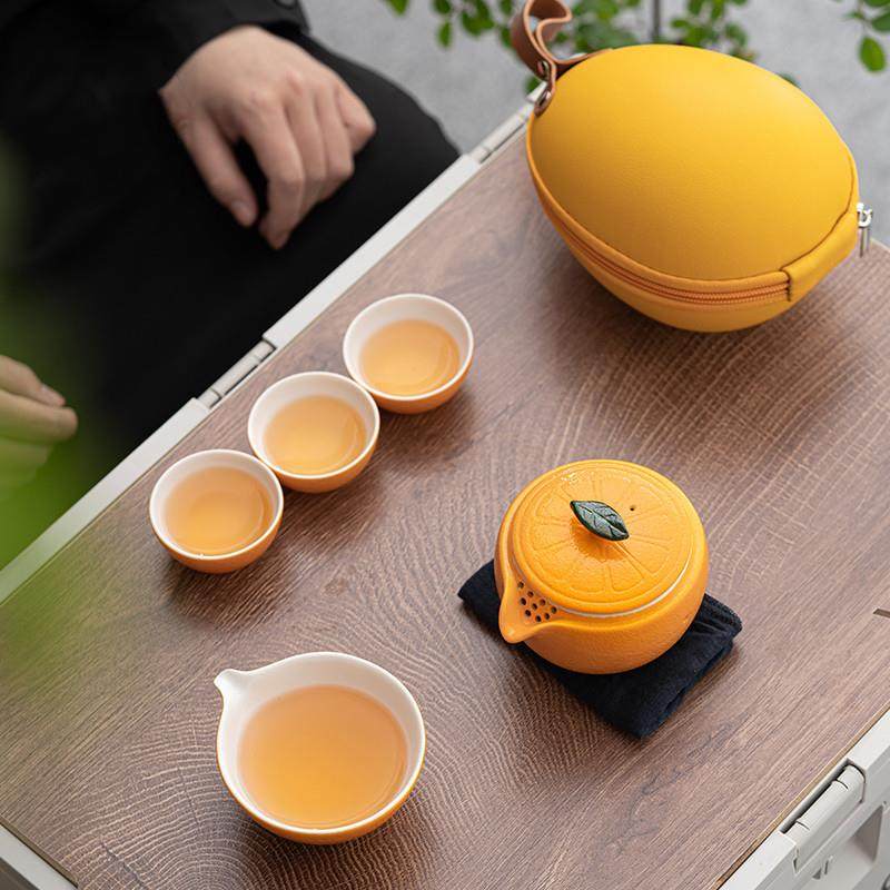 文化创意陶瓷橘子茶具户外露营泡茶快客杯丑橘便携式旅行茶具