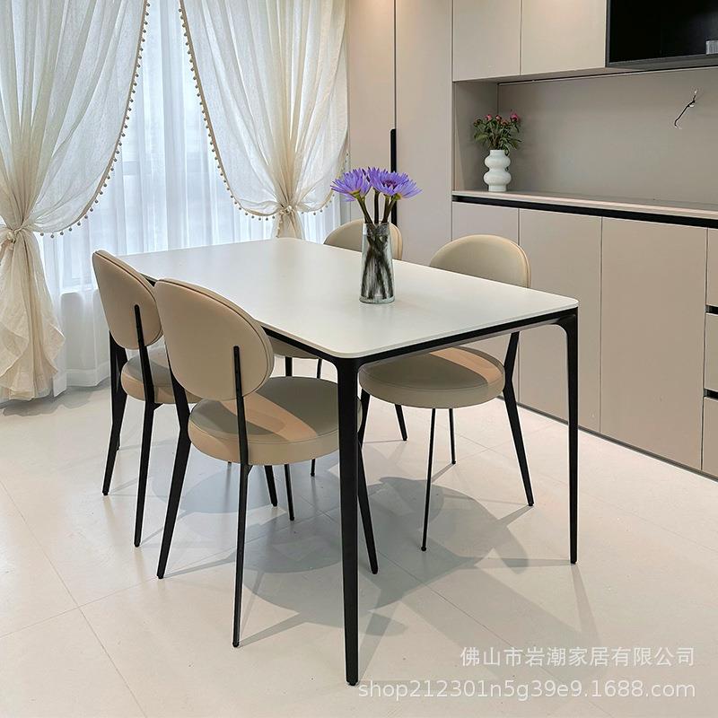 德利丰极光白餐桌黑腿铝合金小户型家用珍珠白长方形极简轻奢餐桌图片