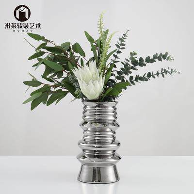 现代简约客厅银色陶瓷层叠花瓶餐桌插花摆件别墅样板房间软装饰品