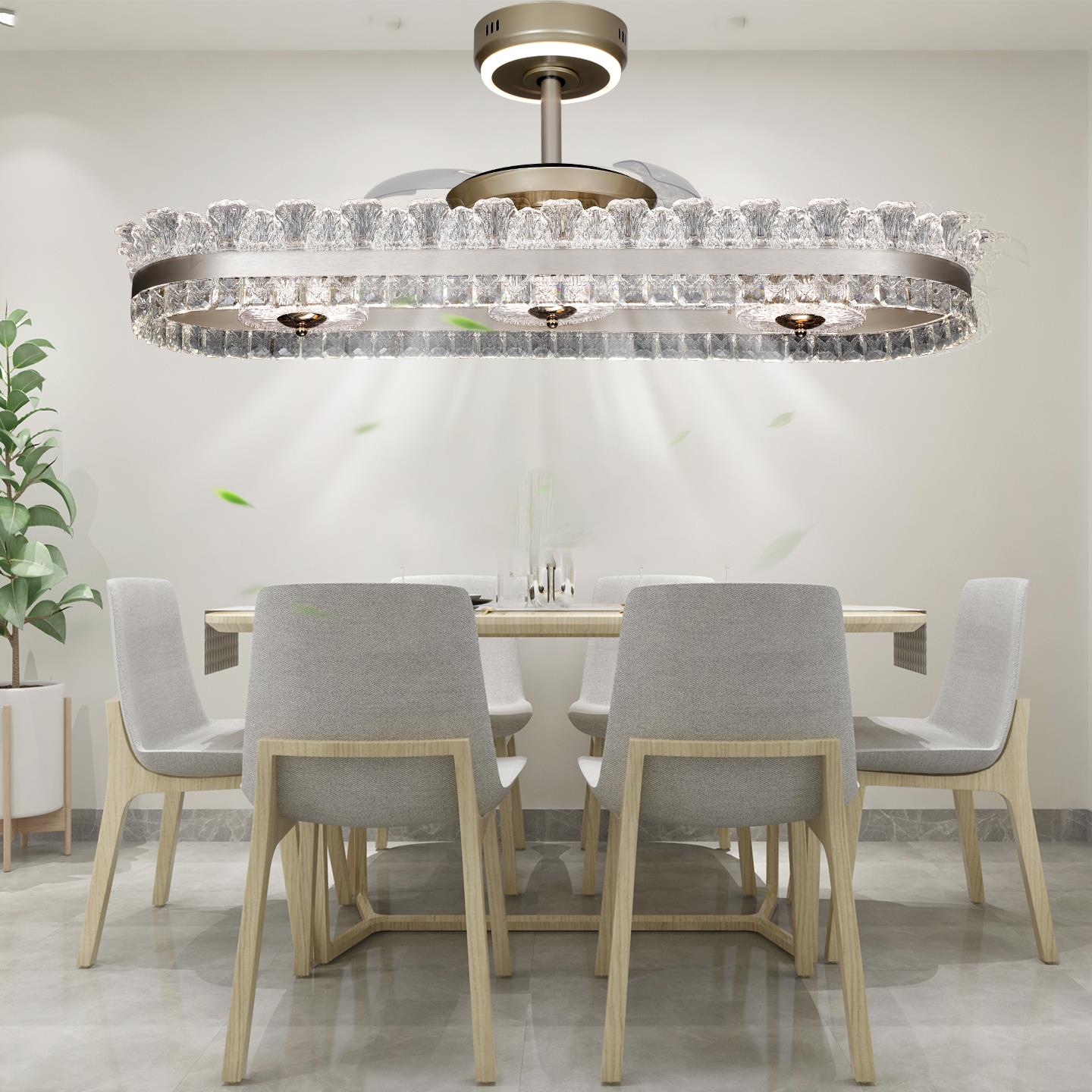 新款餐厅隐形风扇吊灯三洛希顿色变铜光智语能音全变频静音电水晶