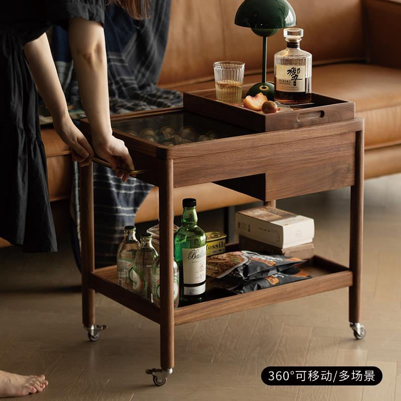 小推车置物架可移动沙发边桌几小茶几胡桃角SD-RZ客木厅实黑木边