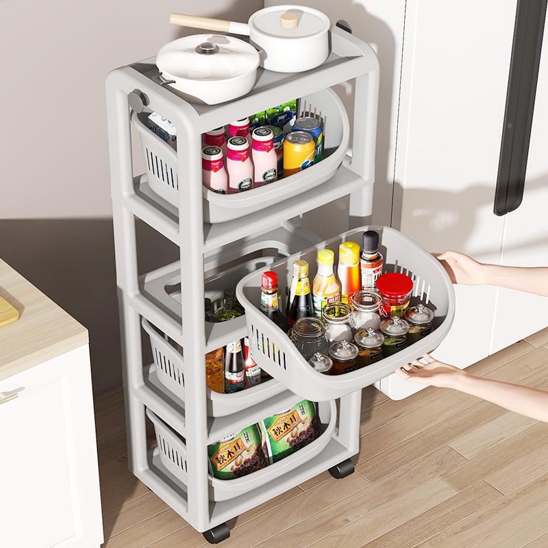 厨房置物架夹小缝落地多层收纳3355\/5架果蔬篮蔬收菜篮移推动零