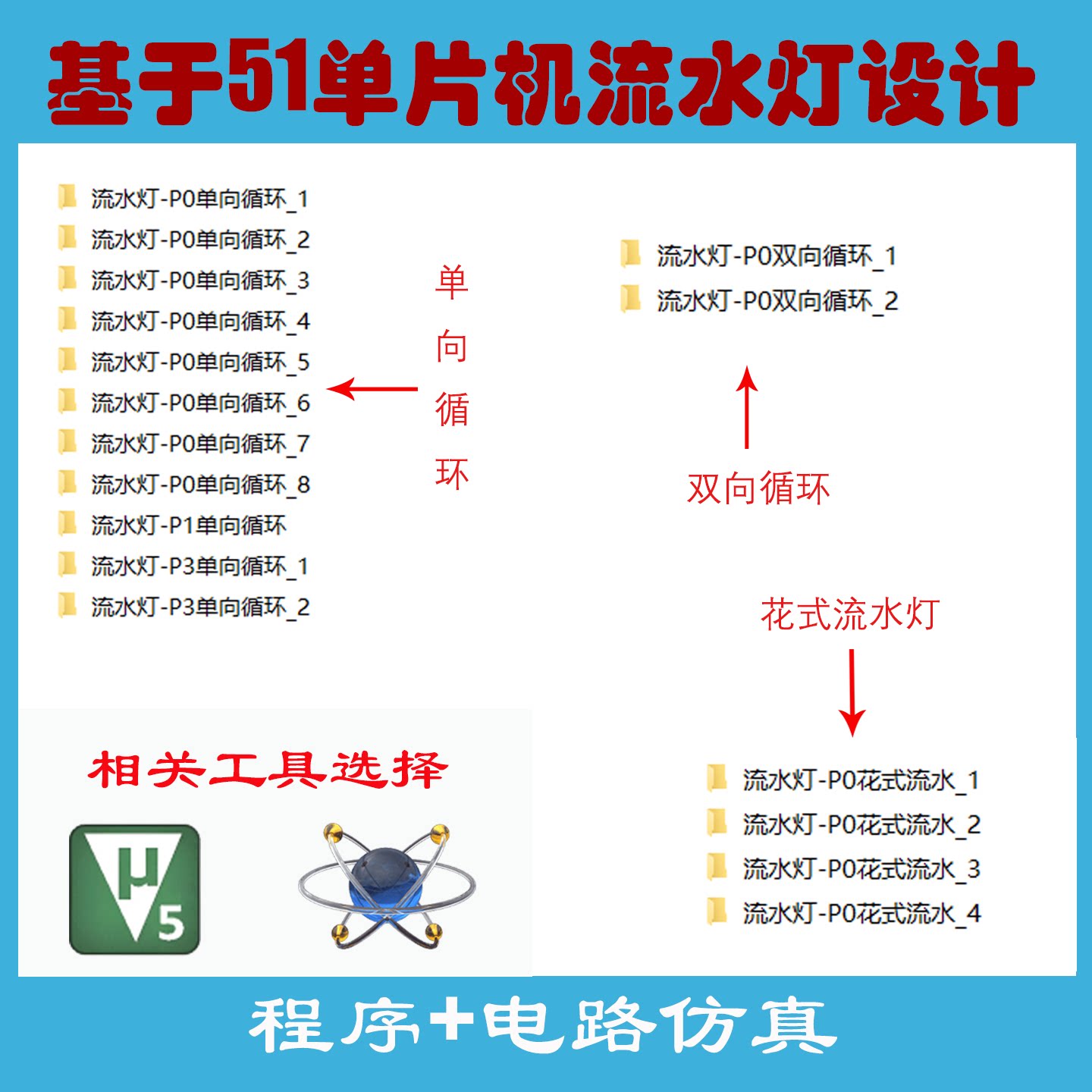 51单片机流水灯设计单向/双向设计素材/源文件
