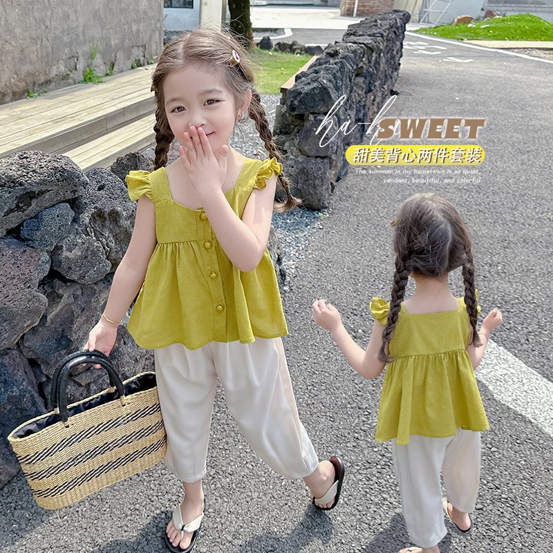 女童夏装套装2024新款儿童纯棉娃娃衫吊带裤子两件套宝宝夏季衣服