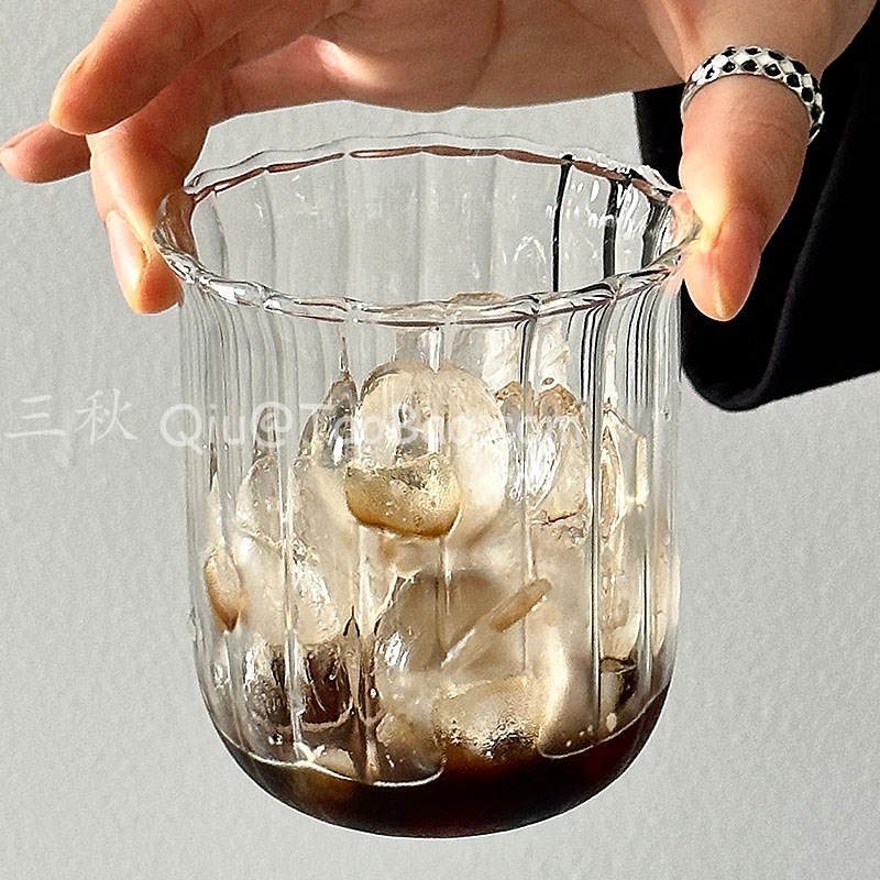 三秋Sanq复古竖纹圆圆扩口玻璃杯耐热水杯冰美式拿铁咖啡杯饮料杯