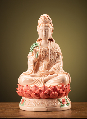 观音菩萨家用坐莲观音佛像陶瓷杨柳净瓶南海观音家居装饰灯圈摆件