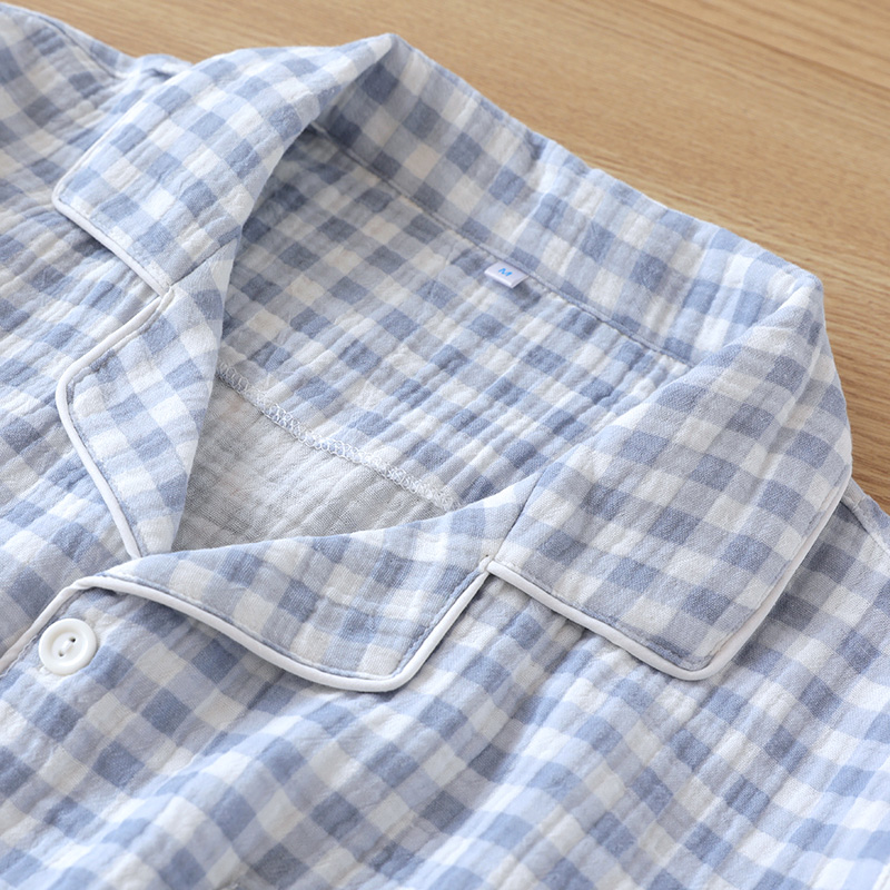 睡衣男款夏季短袖短裤简约格子全棉可外穿薄款纯棉家居服套装翻领