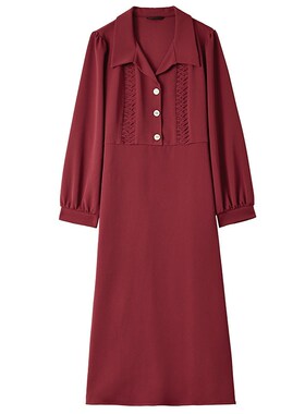 大码女装2024秋季新款直筒垂坠感连衣裙长袖显瘦胖MM红色百褶裙