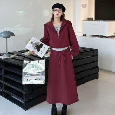 海军领半拉链卫衣背心半身裙三件套2024秋季新款小个子连衣裙套装