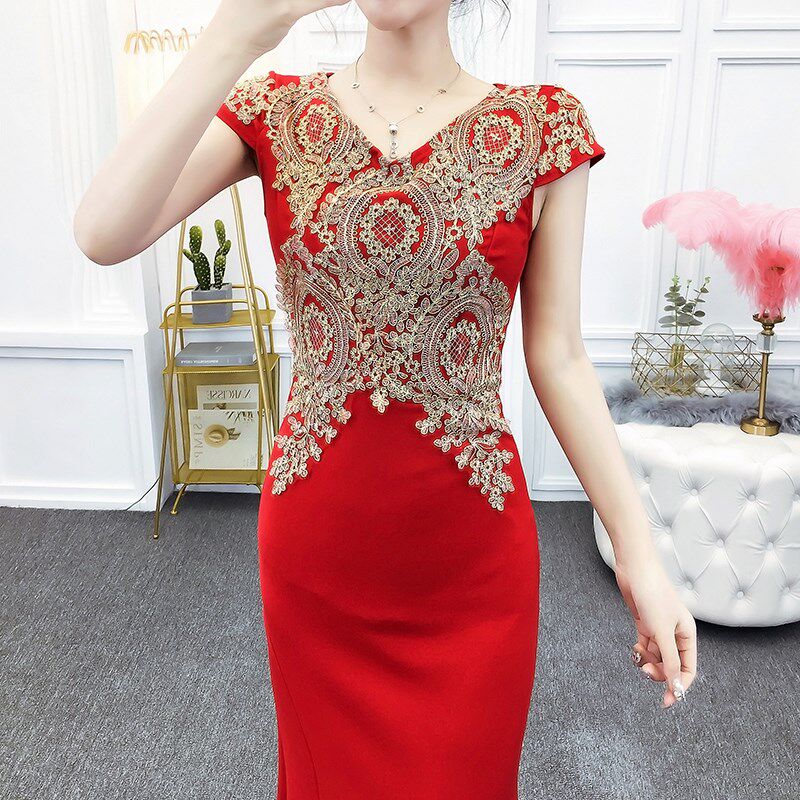 2021新款伴娘时尚优雅端庄大气长款修身鱼尾主持人宴会晚礼服裙女