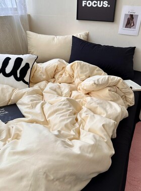 無绵 奶乎乎黄配黑色简约水洗棉床上四件套床单学生三件套1.8床笠