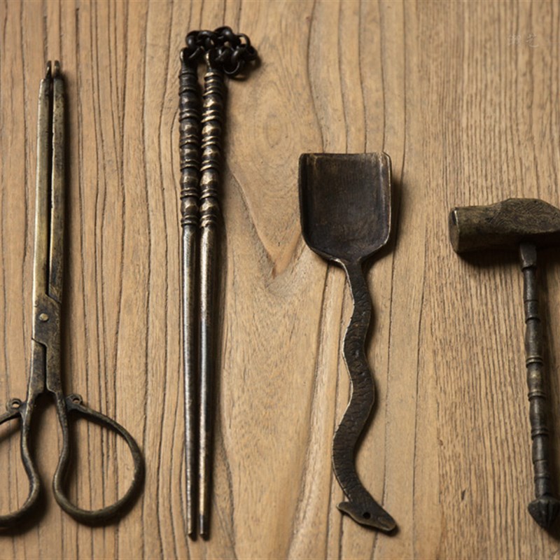 手工铜筷子老铜器香道夹炭铲碳灰铜铲子铜火钳铜锤子炭炉茶炉古玩