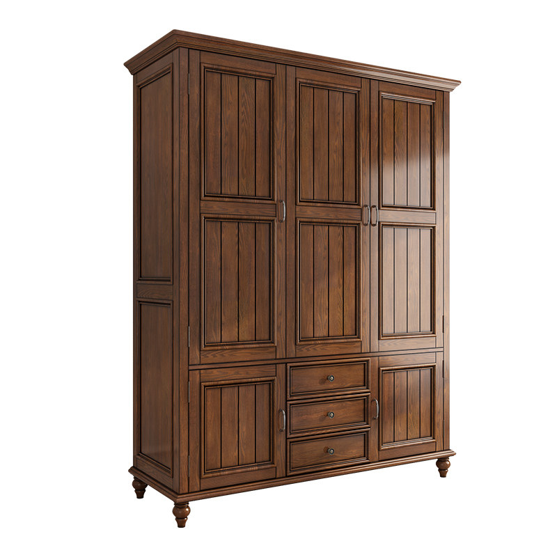 美式乡村复古衣柜实木白蜡木卧室定制衣柜三门组合整墙大衣柜