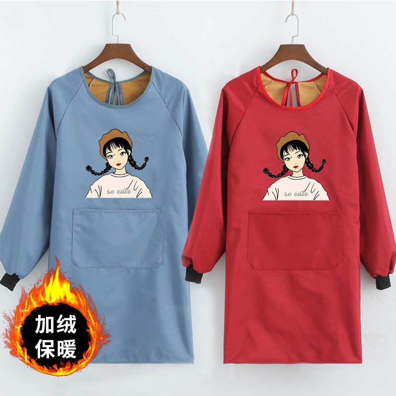 加绒保暖反穿罩衣家用厨房长袖围裙加厚防水防油女上班干活工作服