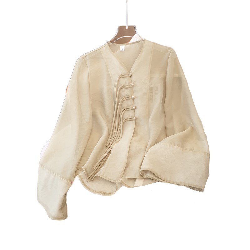 新中式盘扣雪纺薄款防晒衣女2024夏季V领透气宽松长袖衬衫上衣潮