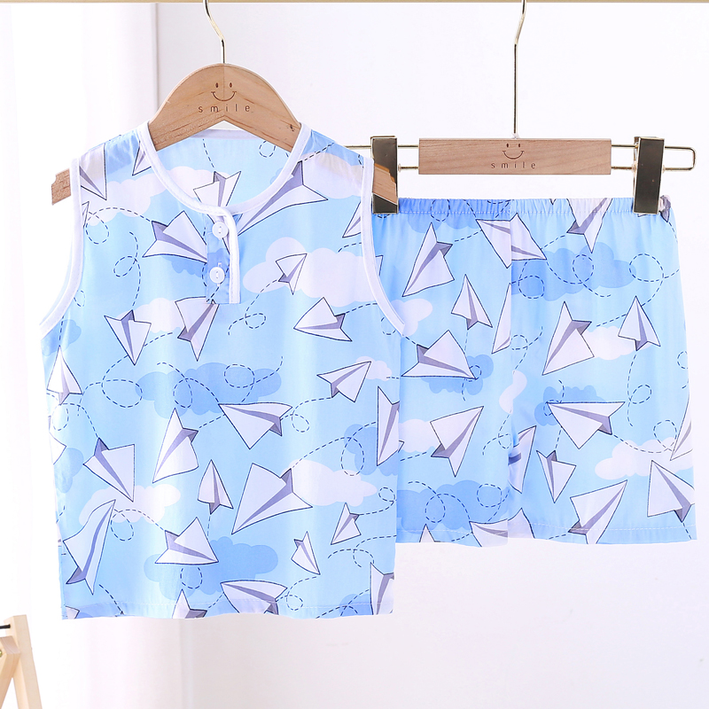 夏季儿童小背心家居服男童棉绸睡衣女童宝宝绵绸薄款无袖短裤套装