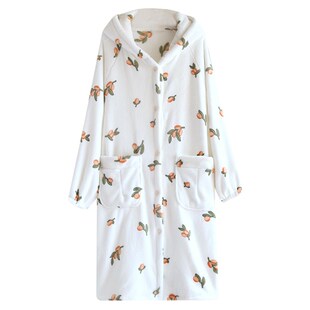 小清新~女款秋冬季加厚珊瑚绒中长款连帽浴袍宽松法兰绒睡裙睡袍