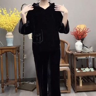 网红时尚套装女2023秋季新款连帽斗篷七分袖上衣阔腿裤国风两件套