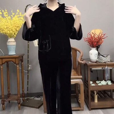 网红时尚套装女2023秋季新款连帽斗篷七分袖上衣阔腿裤国风两件套