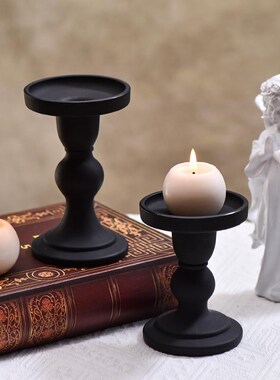复古黑色罗马柱玻璃烛台摆件蜡烛香薰台座法式家用餐桌氛围感装饰