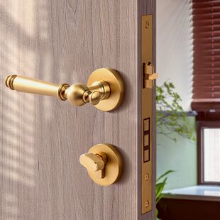 黄铜金色门锁室内卧室执手锁法式 静音磁吸房门锁分体锁纯铜门把手