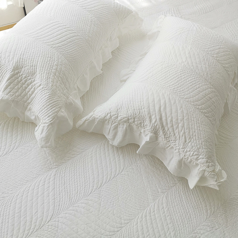 【一对装】全棉纯棉韩式荷叶边枕套夹棉绗缝白色枕皮内径48*74cm