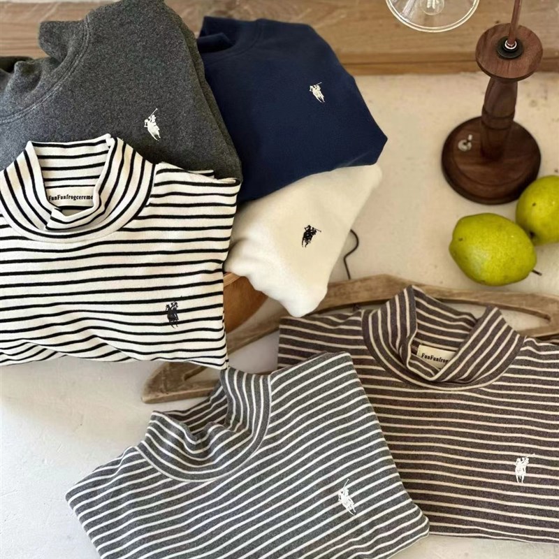 儿童半高领打底衫男2023秋冬新款小童T恤长袖宝宝条纹冬装女内搭